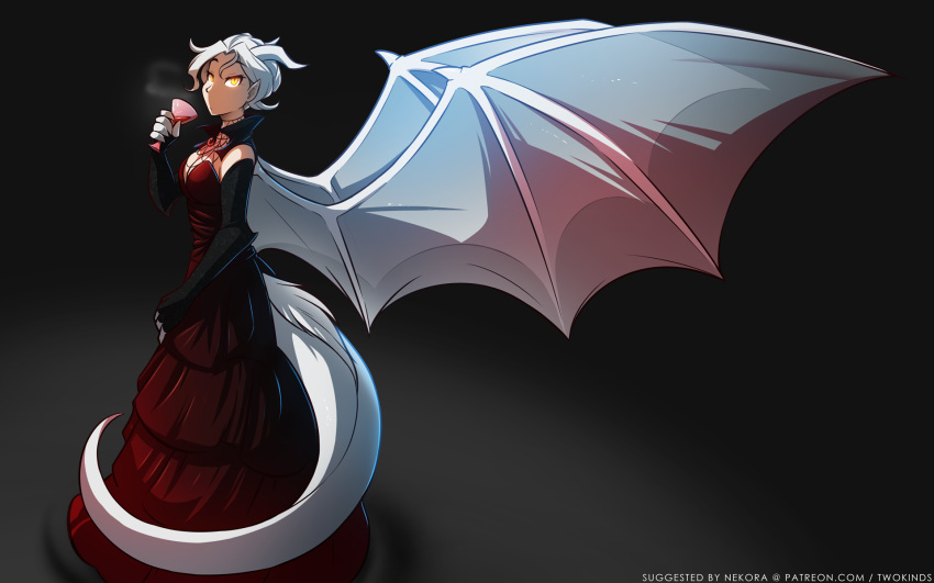 16:10 2018 alcohol animal_humanoid armwear ball_gown beverage black_background breasts classy cleavage clothed clothing digital_drawing_(artwork) digital_media_(artwork) dragon_humanoid dress drinking elbow_gloves elegant female glass gloves grey_hair hair hi_res holding_object horn humanoid lady_nora looking_aside looking_at_viewer membranous_wings pointy_ears scales side_view simple_background solo spread_wings tom_fischbach twokinds webcomic white_scales wine wings yellow_eyes