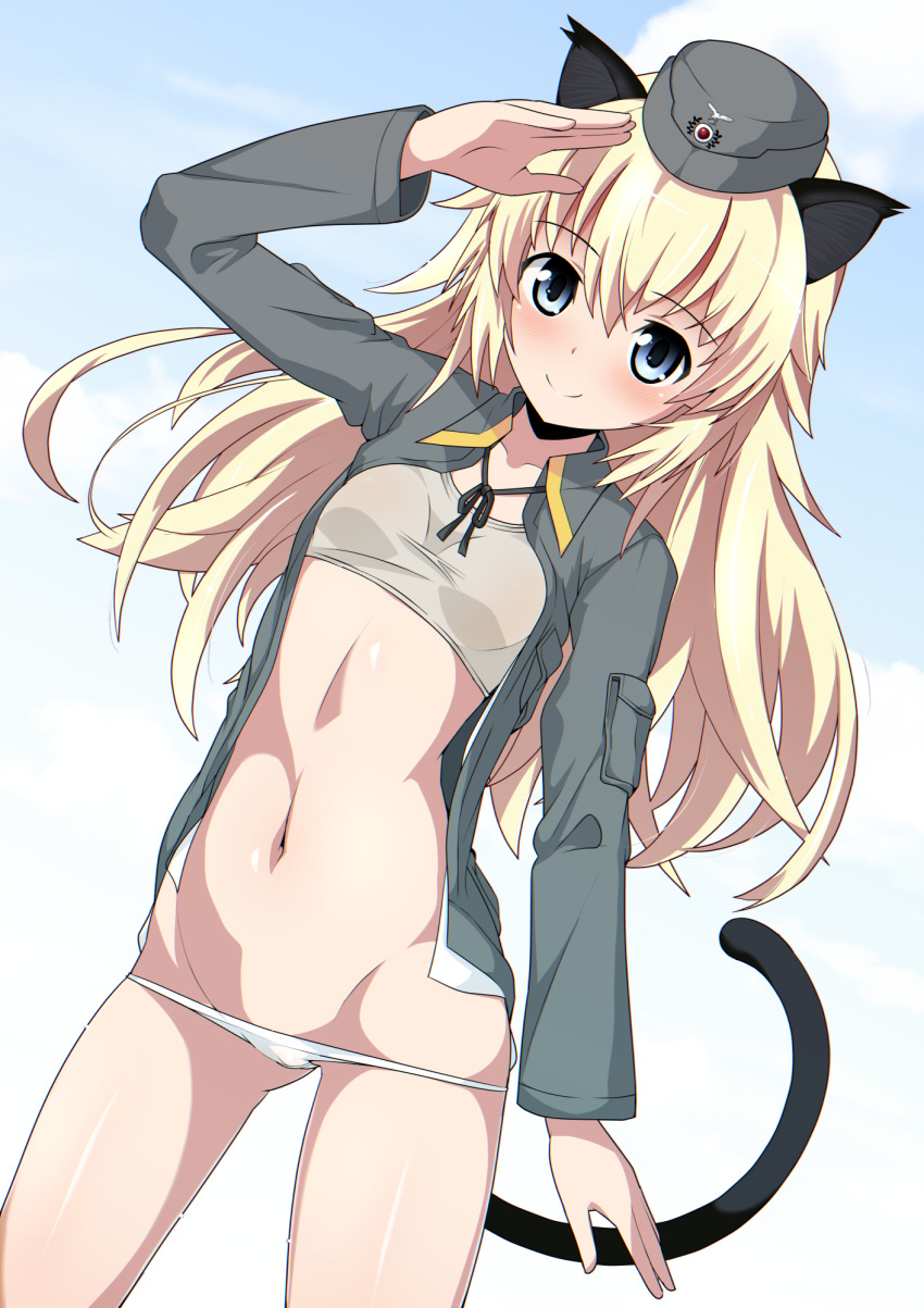 animal_ears arm_up bangs black_ribbon blonde_hair blue_eyes blue_sky blush breasts cat_ears cat_girl cat_tail closed_mouth cloud collarbone commentary_request crop_top day dutch_angle eyebrows_visible_through_hair garrison_cap grey_hat grey_jacket groin hair_between_eyes hat helma_lennartz highres jacket jewelry long_hair long_sleeves lowleg lowleg_panties military military_uniform navel neck_ring no_pants open_clothes open_jacket outdoors panties ribbon salute sky small_breasts smile solo strike_witches tail tail_raised underwear uniform very_long_hair white_background white_panties world_witches_series xiao_rui_rui