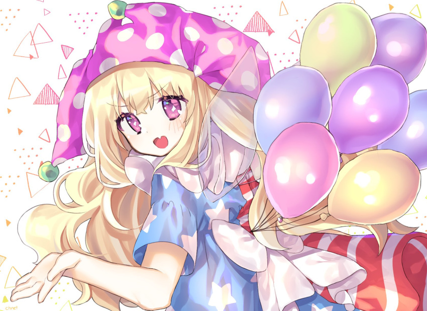1girl :d american_flag_dress balloon bangs blonde_hair cheunes clownpiece commentary eyebrows_visible_through_hair fairy_wings fang hat highres jester_cap korean_commentary long_hair looking_at_viewer looking_back neck_ruff open_mouth polka_dot polka_dot_hat purple_eyes purple_hat ribbon short_sleeves smile solo sparkling_eyes touhou upper_body v-shaped_eyebrows wavy_hair white_background white_ribbon wings