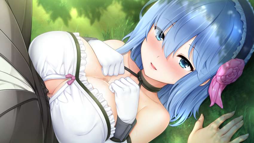 1girl bare_shoulders blue_eyes blue_hair blush breast_squeeze breasts censored cleavage flower from_above game_cg grass hair_flower hair_ornament hands_on_own_chest highres irene_(paizuri_fiancee) large_breasts lying maid maid_headdress matching_hair/eyes mosaic_censoring original outdoors paizuri paizuri_fiancee parted_lips penis short_hair smile solo_focus uni8 upper_body