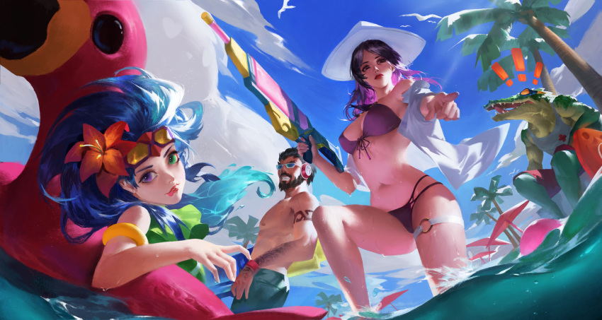 2girls :p armband ball beachball beard bikini bird blue_hair blue_sky breasts brown_hair caitlyn_(league_of_legends) chest cleavage commentary day facial_hair flamingo flower green_eyes green_swimsuit hair_flower hair_ornament hat headphones heterochromia highres lao_wang league_of_legends malcolm_graves male_swimwear multiple_boys multiple_girls mustache navel open_clothes outdoors partially_submerged pointing pointing_at_viewer pool pool_party_caitlyn pool_party_graves pool_party_renekton pool_party_zoe poolside purple_eyes purple_hair renekton sharp_teeth shirtless sitting sky sunglasses swim_trunks swimsuit swimwear tank_top teeth tongue tongue_out tree water water_gun zoe_(league_of_legends)