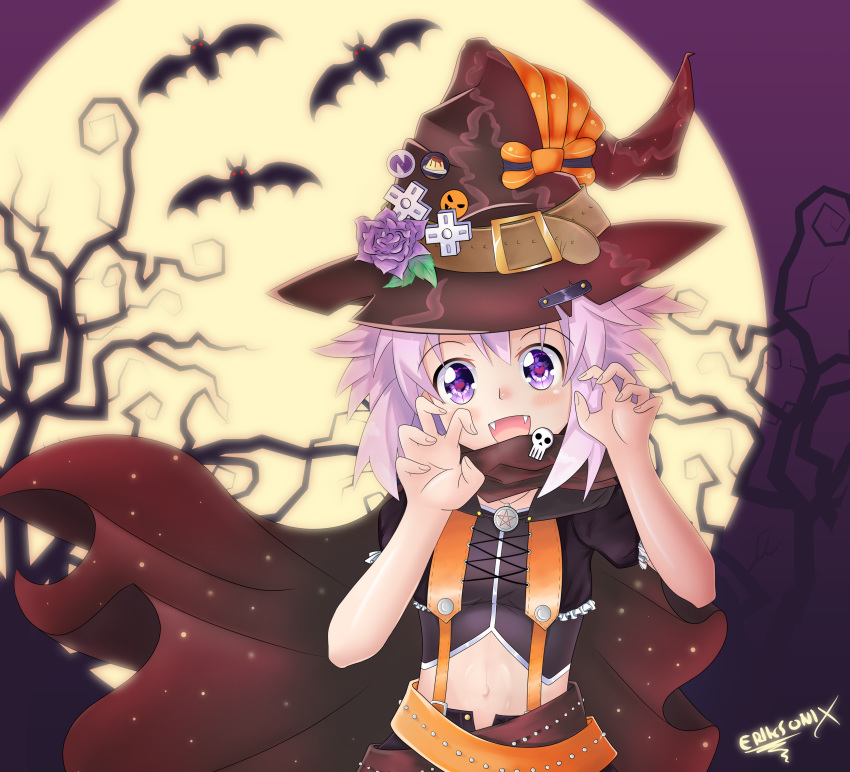 absurdres alternate_costume bat black_cape blush cape claw_pose commentary crop_top d-pad eriksonix fangs flower food full_moon hair_between_eyes halloween halloween_costume hands_up hat hat_belt hat_flower hat_ribbon heart heart-shaped_pupils highres looking_at_viewer medium_hair midriff moon navel neptune_(choujigen_game_neptune) neptune_(series) outdoors pudding purple_flower ribbon signature skull solo suspenders symbol-shaped_pupils tree vampire witch witch_hat