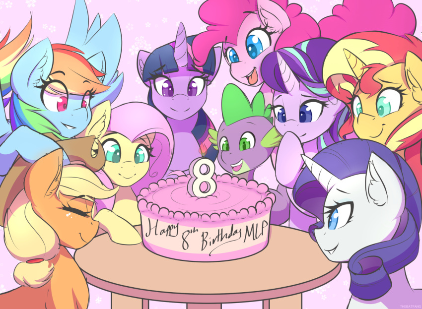 2018 applejack_(mlp) blonde_hair blue_eyes cake cowboy_hat dragon earth_pony english_text equestria_girls equine eyelashes eyes_closed female fluttershy_(mlp) food freckles friendship_is_magic green_eyes group hair hat horn horse male mammal multicolored_hair my_little_pony open_mouth open_smile pegasus pink_eyes pink_hair pinkie_pie_(mlp) pony purple_eyes purple_hair rainbow_dash_(mlp) rainbow_hair rarity_(mlp) simple_background smile spike_(mlp) starlight_glimmer_(mlp) sunset_shimmer_(eg) table teal_eyes text thebatfang tongue tongue_out twilight_sparkle_(mlp) unicorn wings