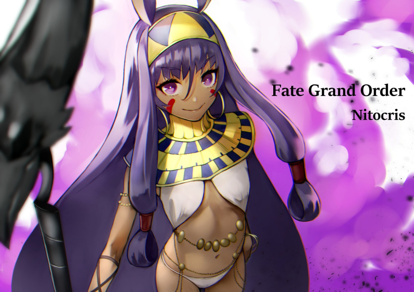 55level belly_chain character_name copyright_name dark_skin earrings egyptian egyptian_clothes facepaint facial_mark fate/grand_order fate_(series) from_above gold_trim hair_spread_out hoop_earrings jewelry long_hair looking_at_viewer navel nitocris_(fate/grand_order) purple purple_eyes purple_hair solo standing usekh_collar very_long_hair white_pupils