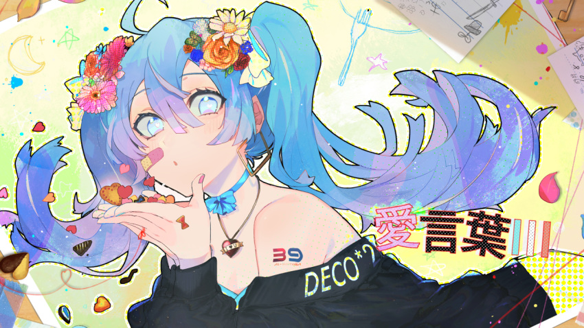 39 :o ahoge ai_kotoba_iii_(vocaloid) bandaid bandaid_on_face bare_shoulders black_sweater blowing blue_bow blue_eyes blue_hair blue_nails blush bow bow_choker casual clothes_writing commentary_request crescent_moon daisy eighth_note flower fork gradient_hair hair_between_eyes hair_flower hair_ornament hassan_(sink916) hatsune_miku heart heart_necklace heart_of_string holding jewelry long_hair long_sleeves looking_at_viewer lying moon multicolored multicolored_hair multicolored_nails musical_note nail_polish number_tattoo off-shoulder_sweater on_stomach orange_flower orange_rose own_hands_together paper parted_lips pendant petals pink_flower pink_hair pink_nails red_ribbon red_string ribbon rose shorts shoulder_tattoo solo song_name splatter string sweater tattoo translated twintails vocaloid white_flower yellow_shorts