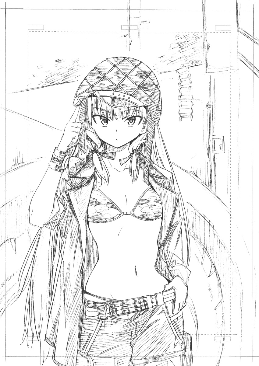 absurdres adjusting_clothes adjusting_hat ammunition_belt arm_up aviator_cap bangs belt bikini bikini_under_clothes blunt_bangs breasts camouflage camouflage_bikini closed_mouth collarbone cowboy_shot eyebrows_visible_through_hair greyscale hair_tie hand_on_hip hat highres jacket kojima_takeshi long_hair looking_at_viewer monochrome navel open_clothes open_jacket original pants short_sleeves sidelocks sketch small_breasts solo stomach string_bikini sweatband swimsuit thigh_pouch thigh_strap traditional_media very_long_hair watch wristwatch