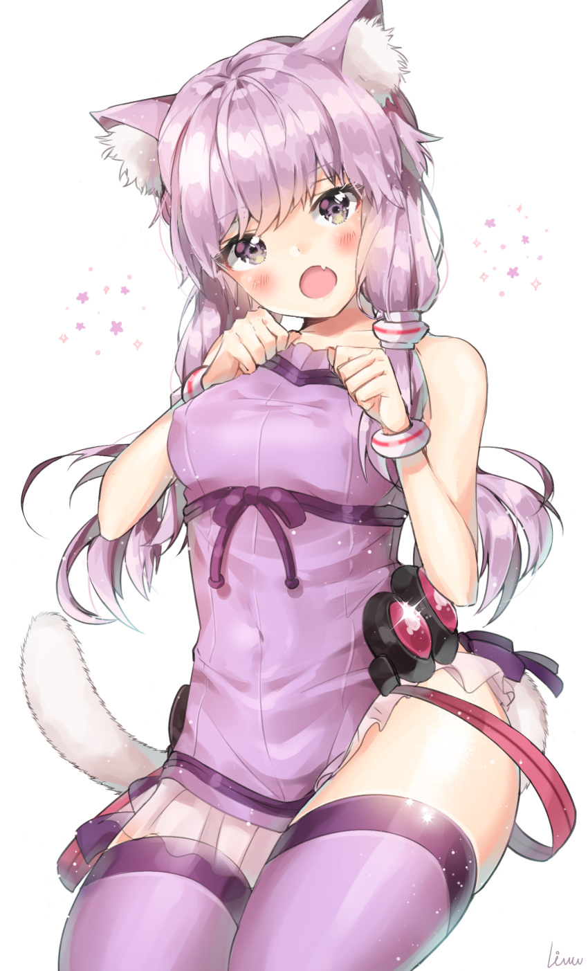 animal_ear_fluff animal_ears bangs bare_shoulders blush bracelet breasts cat_ears cat_tail covered_navel covered_nipples cowboy_shot dress fang head_tilt highres jewelry kemonomimi_mode long_hair looking_at_viewer medium_breasts open_mouth paw_pose purple_dress purple_eyes purple_hair purple_legwear rimu_(gucg8333) short_dress solo star tail thighhighs vocaloid voiceroid white_background yuzuki_yukari