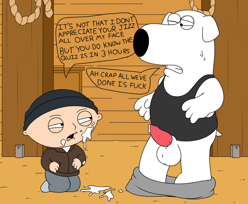 animal_genitalia baby balls bottomless brian_griffin canine clothed clothing cum cum_on_face dialogue dog erection family_guy hat human humor interspecies male male/male mammal open_mouth penis rope shirt sitting squint standing stewie_griffin sweat tank_top teeth young