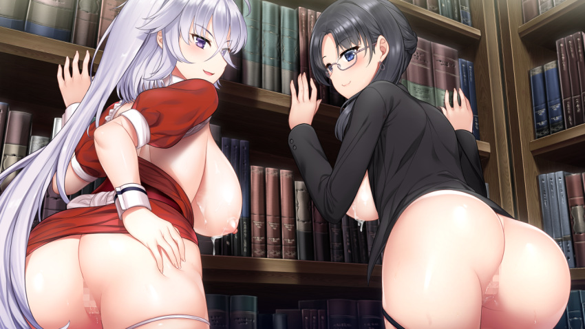 2girls areolae ass backboob black_clothes black_hair blue_eyes blush book breasts breasts_outside censored closed_mouth cum cum_on_body cum_on_breasts cum_on_upper_body earrings formal from_behind game_cg glasses groin highres huge_breasts jewelry legs library lizabell_worth long_hair long_ponytail looking_back maid marianelli matching_hair/eyes mosaic_censoring multiple_girls nipples open_clothes open_mouth original paizuri_fiancee panties panty_pull ponytail purple_eyes purple_hair pussy pussy_juice semi-rimless_eyewear short_hair_with_long_locks smile standing suit take_your_pick thighs underwear uni8 wet