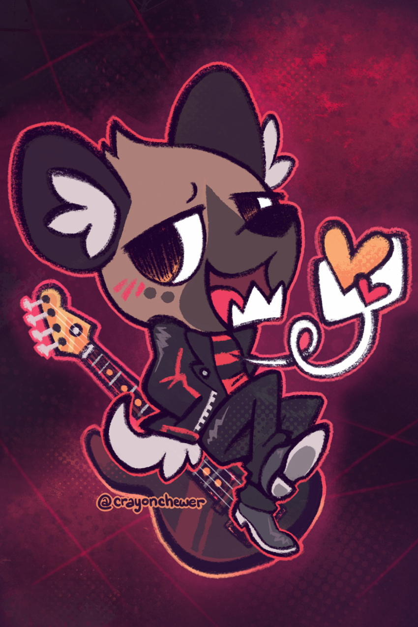 &lt;3 2018 abstract_background aggressive_retsuko anthro big_eyes black_clothing black_nose blush brown_fur canine clothing crayonchewer digital_media_(artwork) facial_markings footwear fur guitar haida half-closed_eyes head_tuft hyena inner_ear_fluff jacket looking_away male mammal markings musical_instrument open_mouth open_smile pants portrait red_background red_clothing sharp_teeth shoes short_tail simple_background sitting smile solo speech_bubble spots striped_shirt teeth text toony white_fur white_tail