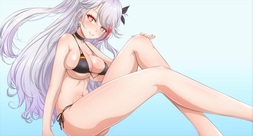 :q alternate_costume anchor_symbol antenna_hair arm_support azur_lane bangs bare_legs bikini black_bikini blush breasts brown_eyes commentary covered_nipples cross cross_earrings earrings eyebrows_visible_through_hair flag_print german_flag_bikini gradient gradient_background hair_between_eyes hand_on_own_knee head_tilt highres iron_cross jewelry large_breasts long_hair looking_at_viewer mole mole_on_breast multicolored_hair navel p-nekoe prinz_eugen_(azur_lane) red_hair ribbon shiny shiny_skin side-tie_bikini sidelocks silver_hair simple_background sitting skindentation smile solo stomach streaked_hair swimsuit thighs tongue tongue_out two_side_up very_long_hair