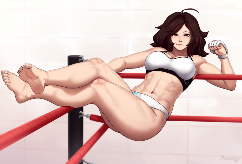 abs ahoge ass barefoot blush boxing_ring breasts brown_eyes brown_hair cleavage closed_mouth eyebrows_visible_through_hair feet feet_up full_body large_breasts legs_up long_hair looking_at_viewer lying messy_hair midriff mma_gloves muscle muscular_female navel on_back original razalor simple_background soles solo sports_bikini sports_bra stomach thighs toned wavy_hair
