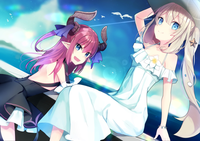 :d ameshizuku_natsuki backless_dress backless_outfit bangs bare_shoulders black_dress blue_eyes blue_sky blush closed_mouth cloud cloudy_sky commentary_request curled_horns day dragon_horns dress elizabeth_bathory_(fate) elizabeth_bathory_(fate)_(all) eyebrows_visible_through_hair fang fate/extra fate/extra_ccc fate/grand_order fate_(series) flower hair_between_eyes hair_ornament hair_ribbon hat horizon horns leaning_forward light_brown_hair long_hair looking_at_viewer looking_to_the_side marie_antoinette_(fate/grand_order) marie_antoinette_(swimsuit_caster)_(fate) multiple_girls ocean off-shoulder_dress off_shoulder on_railing open_mouth outdoors pink_hair pleated_dress purple_ribbon railing ribbon seashell_hair_ornament short_dress sitting sitting_on_railing sky smile standing starfish_hair_ornament twintails two_side_up very_long_hair water white_dress white_flower white_hat