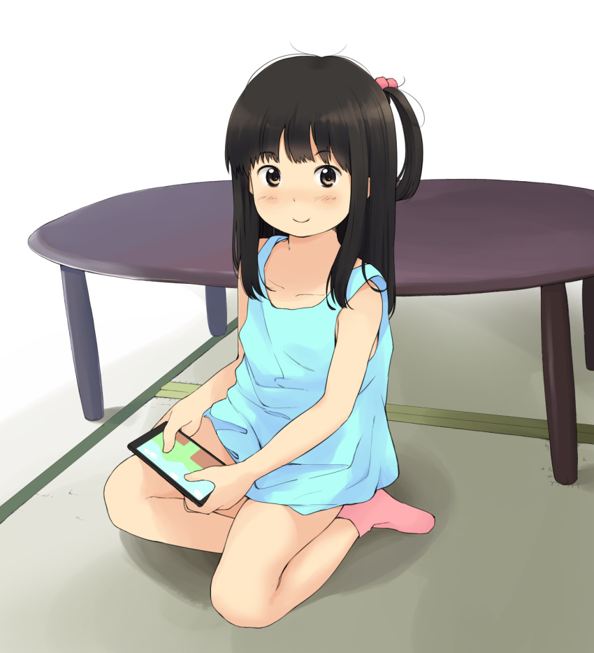anyannko bangs bare_arms bare_shoulders black_hair blue_dress blush brown_eyes closed_mouth collarbone commentary_request dress eyebrows_visible_through_hair hair_ornament highres holding long_hair no_shoes one_side_up original pink_legwear sitting sleeveless sleeveless_dress smile socks solo table white_background