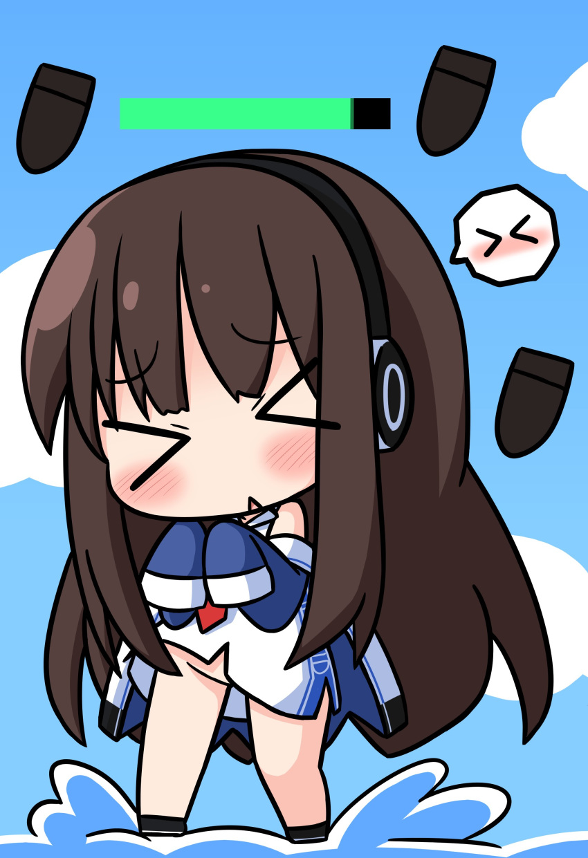 &gt;_&lt; :&lt; absurdres azur_lane bangs bare_shoulders black_footwear blue_dress blue_sky blush bomb brown_hair chibi closed_eyes cloud commentary_request day dress dress_lift eyebrows_visible_through_hair facing_viewer full_body gameplay_mechanics groin hana_kazari head_tilt headphones health_bar highres lifted_by_self long_hair long_island_(azur_lane) long_sleeves necktie no_panties outdoors parted_lips red_neckwear sky sleeves_past_fingers sleeves_past_wrists solo standing standing_on_liquid triangle_mouth very_long_hair water