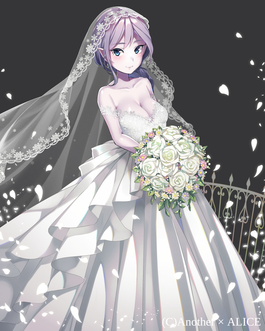 anotherxalice blue_earrings blue_eyes blush bouquet braid breasts bridal_gauntlets commentary_request copyright_name dress earrings elbow_gloves fence flower gloves grey_background highres holding holding_bouquet jewelry long_hair looking_at_viewer medium_breasts nyasunyadoora official_art petals pointy_ears purple_hair simple_background smile standing veil wedding_dress white_dress white_flower white_gloves