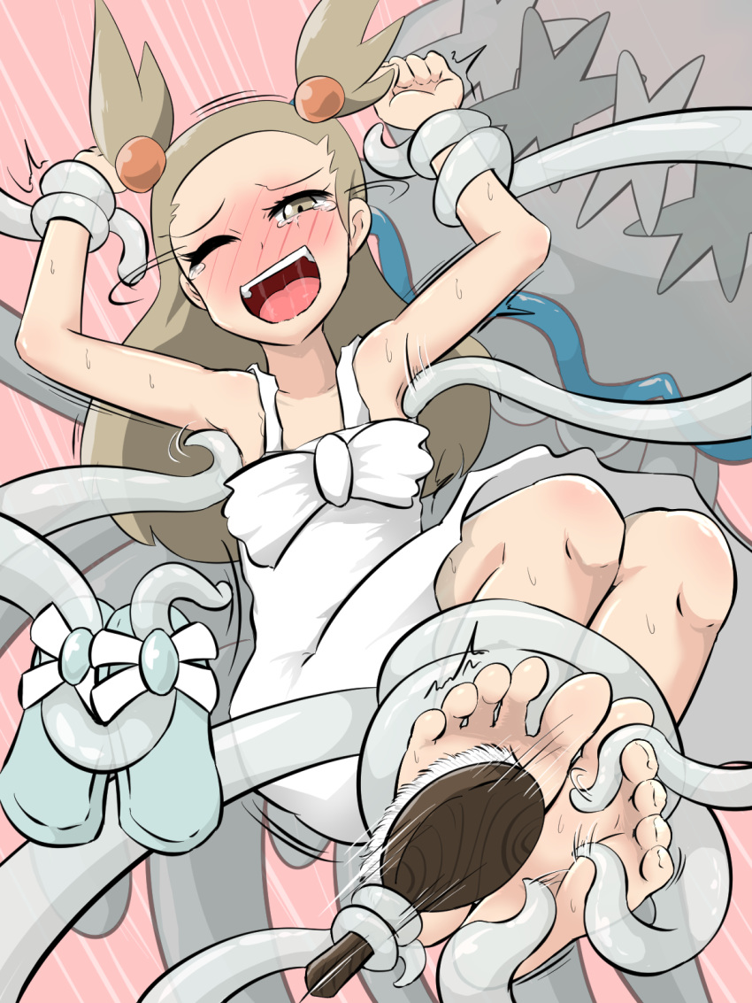 1girl bare_shoulders barefoot blue_footwear blush brown_eyes brown_hair clenched_hands collarbone creatures_(company) dress feet female flat_chest foot_tickling forehead full_body game_freak gen_7_pokemon hair_bobbles hair_ornament hairbrush half-closed_eye highres legs_together long_hair matching_hair/eyes mikan_(pokemon) motion_lines nihilego nintendo nose_blush one_eye_closed open_mouth pink_background pokemon pokemon_(creature) pokemon_(game) pokemon_gsc restrained saliva sandals sandals_removed shiny shiny_skin simple_background sleeveless sleeveless_dress smile solo_focus sweat tears teeth tentacle tied_hair toes tomoshibi tongue transparent trembling ultra_beast white_dress