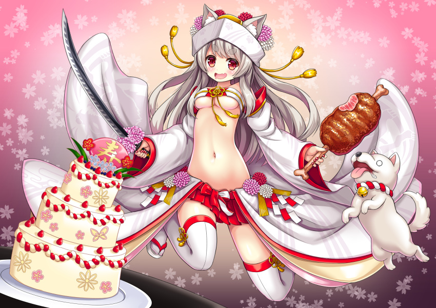 absurdres animal animal_ears azur_lane bare_shoulders bell beltbra bluebird_(bluebird90) blush bone boned_meat breasts bug butterfly cake cat_ears collar collarbone commentary_request detached_sleeves dog drooling dual_wielding eyebrows_visible_through_hair fang fingernails flower food fruit full_body grey_hair happy hat highres holding holding_sword holding_weapon icing insect jingle_bell jumping katana long_hair looking_at_viewer meat medium_breasts miniskirt nail_polish navel o_o open_mouth paw_print_pattern pink_background plate pleated_skirt red_eyes red_nails red_skirt saliva sandals skindentation skirt smile solo_focus stomach strawberry sword thighhighs tongue tongue_out translation_request underboob weapon white_footwear white_legwear yuudachi_(azur_lane) zettai_ryouiki