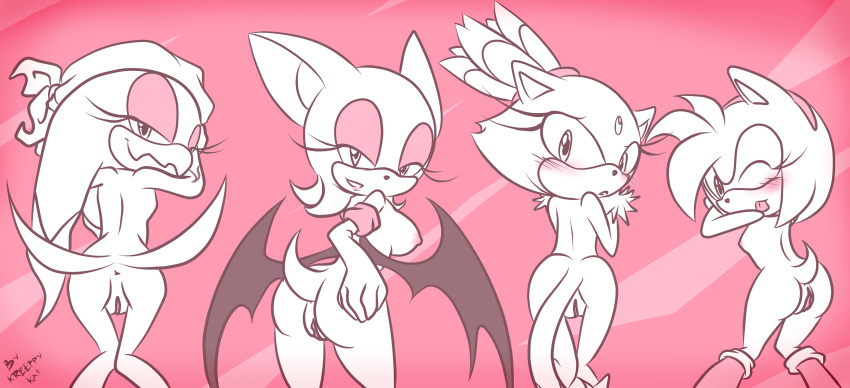 amy_rose anthro avian bandanna bat bedroom_eyes big_breasts bird blaze_the_cat blush breasts butt cat clothing eyelashes feline female forehead_gem gloves hair hair_tie hairband half-closed_eyes hedgehog kreeppykat looking_at_viewer looking_back mammal membranous_wings mostly_nude nipples one_eye_closed presenting presenting_pussy pussy rouge_the_bat seductive signature smile sonic_(series) sonic_riders swallowing tongue wave_the_swallow wings wink