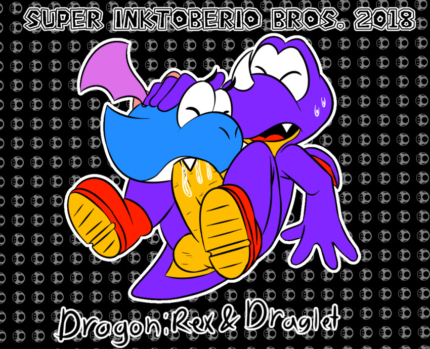 ambiguous_gender balls black_background clothing curved_horn draglet dragon drooling duo english_text fellatio footwear male male/ambiguous mario_bros membranous_wings nintendo oral pattern_background penis rex_(mario) saliva sex shoes simple_background sweat sweatdrop text thunderfap video_games waddling_head wings