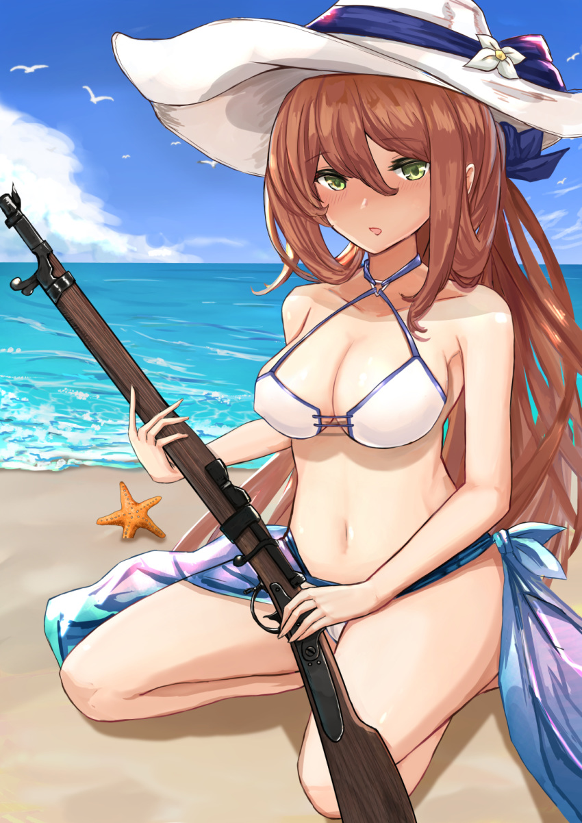 alternate_costume alternate_hairstyle antique_firearm bangs bare_shoulders beach bikini bird blue_sarong blue_sky blush bolt_action breasts brown_hair caplock cleavage cloud collarbone commentary_request day eyebrows_visible_through_hair firearm firelock girls_frontline green_eyes gun hair_between_eyes hair_rings hat highres holding holding_gun holding_weapon large_breasts long_hair looking_at_viewer m1903_springfield m1903_springfield_(girls_frontline) navel ocean open_mouth outdoors ponytail ribbon rifle sand sarong seagull seiza sidelocks sitting sky smile solo starfish stomach sun_hat swimsuit tark1122 thighs weapon white_bikini