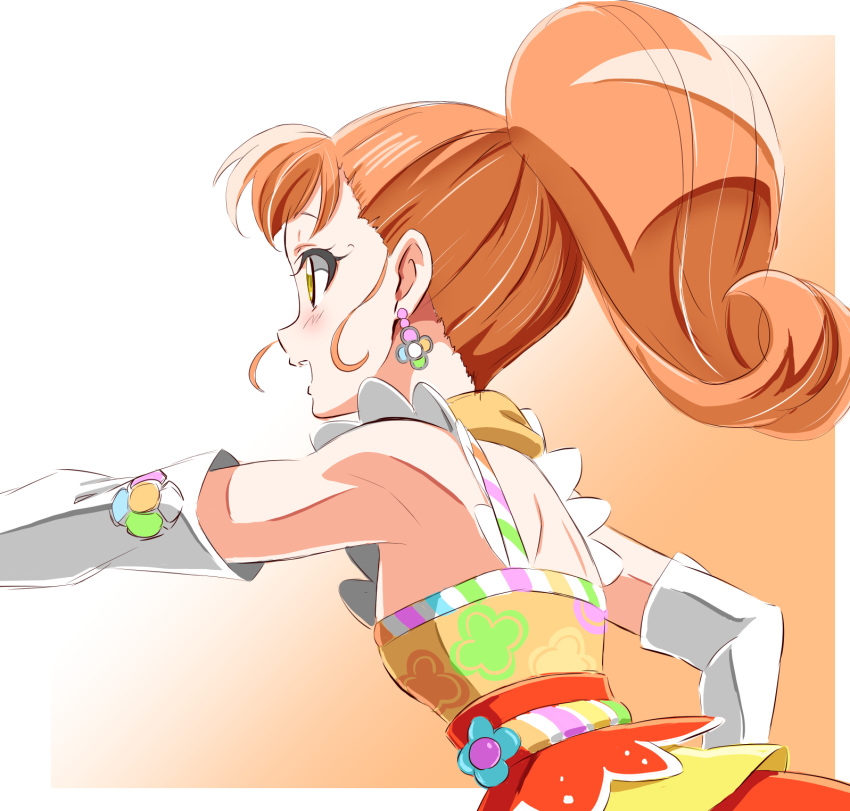 aikatsu! aikatsu!_(series) bare_shoulders blush check_commentary clover commentary_request dress earrings four-leaf_clover_earrings from_side gradient gradient_background highres idol jewelry kurisu_kokone long_hair ngv3553 open_mouth orange_hair ponytail scarf smile solo spaghetti_strap upper_body yellow_eyes