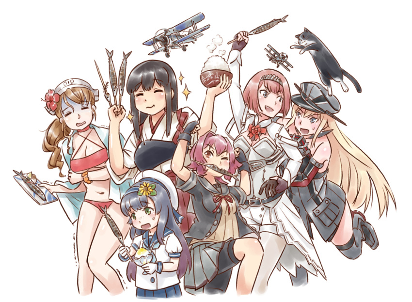 aircraft airplane akagi_(kantai_collection) ark_royal_(kantai_collection) bikini bismarck_(kantai_collection) black_gloves bowl commentary_request feet_out_of_frame fingerless_gloves fish gloves hat italia_(kantai_collection) japanese_clothes kantai_collection karasu_(naoshow357) kinu_(kantai_collection) littorio_(kantai_collection) long_hair matsuwa_(kantai_collection) mouth_hold multiple_girls muneate peaked_cap rice_bowl sailor_hat saury school_uniform serafuku short_hair simple_background swimsuit swordfish_(airplane) unsinkable_sam white_background