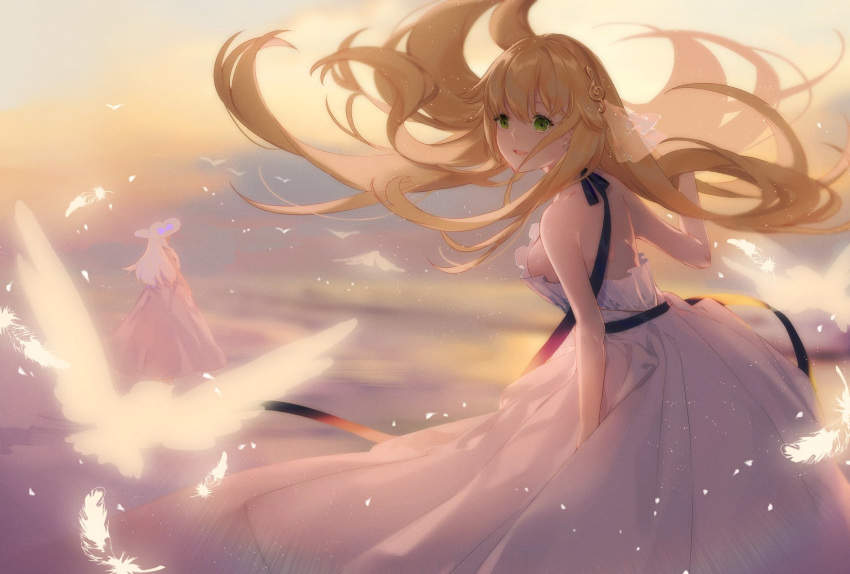 :d aurora_(f10)_(azur_lane) azur_lane bangs bare_shoulders bird blonde_hair blurry blurry_background blush breasts cloud cloudy_sky commentary_request depth_of_field dress eyebrows_visible_through_hair feathers floating_hair green_eyes hair_between_eyes hair_flaps hair_ornament hat highres illustrious_(azur_lane) large_breasts light_particles long_hair looking_at_viewer medium_breasts miyuki_(miyuki0529) multiple_girls open_mouth outdoors sky sleeveless sleeveless_dress smile sun_hat very_long_hair white_dress white_hair white_hat wind wind_lift