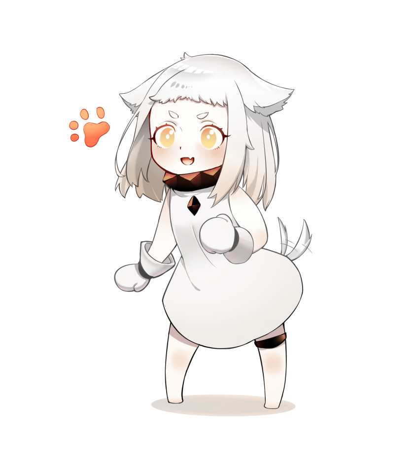 :d animal_ears commentary_request dog_ears dog_tail dress fang highres iouley kantai_collection kemonomimi_mode long_hair looking_at_viewer mittens northern_ocean_hime open_mouth orange_eyes paw_print shinkaisei-kan simple_background smile solo tail tail_wagging white_background white_dress white_hair white_skin