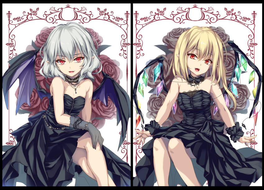 :d alternate_costume bangs bare_shoulders bat_wings black_border black_choker black_dress black_gloves border breasts choker collarbone commentary_request crossed_legs crystal dress eyebrows_visible_through_hair fang feet_out_of_frame flandre_scarlet gloves grey_rose hair_between_eyes head_tilt highres invisible_chair key lace lace-trimmed_dress lace_trim long_hair looking_at_viewer moneti_(daifuku) multiple_girls nail_polish no_hat no_headwear one_side_up open_mouth pink_lips pointy_ears red_eyes red_nails remilia_scarlet see-through short_hair siblings silver_hair sisters sitting small_breasts smile strapless strapless_dress touhou white_background wings wrist_cuffs