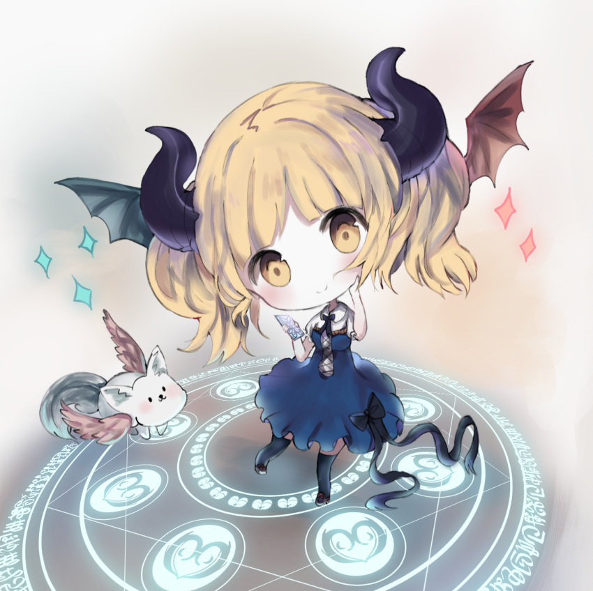 bangs black_bow black_legwear black_ribbon blonde_hair blue_dress blush bow breasts brown_eyes brown_footwear brown_wings card closed_mouth collared_shirt commentary_request cottontailtokki creature curled_horns demon_horns dragon_wings dress eyebrows_visible_through_hair feathered_wings green_wings gremory_(shadowverse) head_tilt head_wings highres holding holding_card horns long_hair magic_circle medium_breasts mismatched_wings puffy_short_sleeves puffy_sleeves ribbon shadowverse shirt shoes short_sleeves smile solo sparkle thighhighs wings