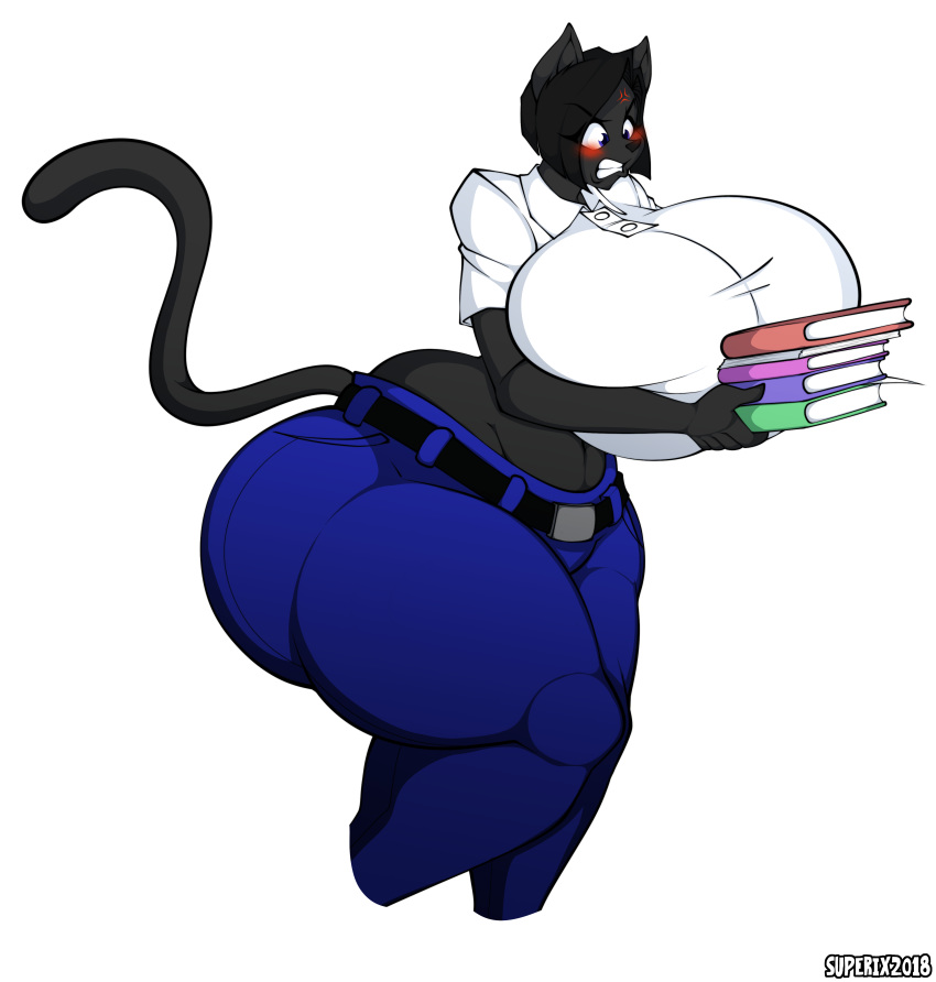 2018 absurd_res anthro belt big_breasts big_butt black_fur black_hair blue_eyes blush book breasts butt cat clothed clothing digital_media_(artwork) feline female fur hair hi_res huge_breasts hyper hyper_breasts jeans mammal midsection monique_bellemare_(lildredre) pants polo_shirt shirt simple_background solo superix thick_thighs voluptuous white_background wide_hips