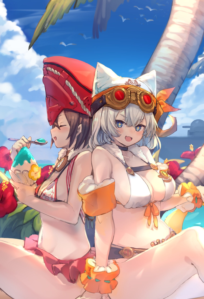animal_hat bandana bare_shoulders bikini bird breasts brown_hair cat_hat character_request closed_eyes cloud collarbone commentary_request copyright_request day eating fang flower frilled_bikini frills goggles goggles_on_head hat highres large_breasts multiple_girls navel open_mouth palm_tree seagull shaved_ice short_hair siki_00 sky star star-shaped_pupils swimsuit symbol-shaped_pupils tree white_hair