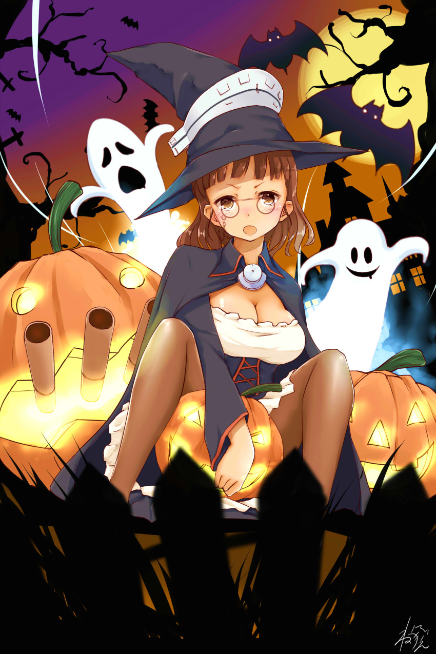 absurdres bat blush breasts brown_eyes brown_legwear commentary_request full_moon ghost glasses halloween halloween_costume happy_halloween hat highres kantai_collection large_breasts long_sleeves looking_at_viewer moon neve night open_mouth pantyhose pumpkin roma_(kantai_collection) shirt short_hair sitting solo tree turret weapon witch witch_hat