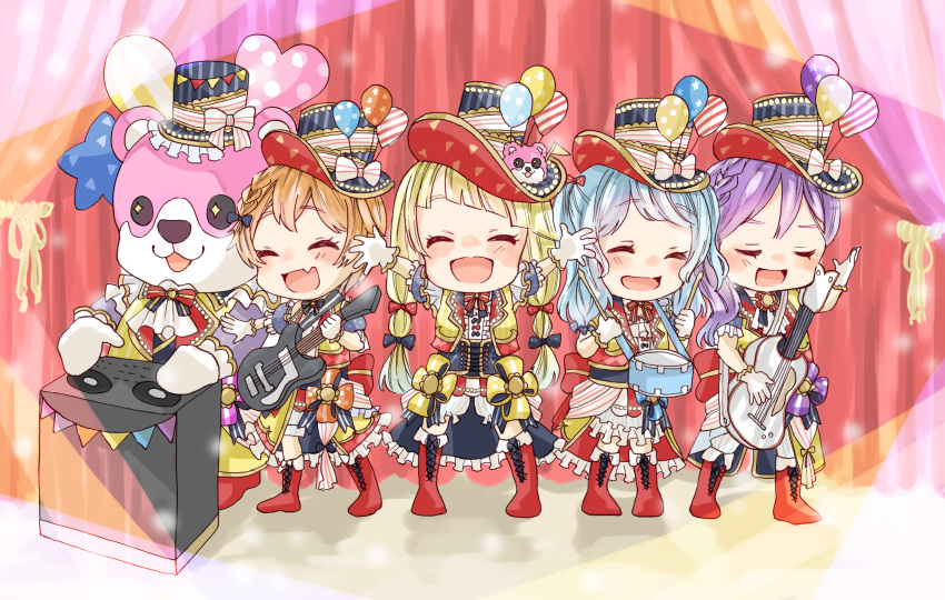 5girls :3 :d \o/ ^_^ alternate_hairstyle animal_costume arms_up balloon bang_dream! bangs bass_guitar bear_costume blonde_hair blue_bow blue_hair blush boots bow braid chibi closed_eyes commentary_request corset cross-laced_footwear dj drum drumsticks electric_guitar fang frilled_hat frilled_sleeves frills gloves guitar hair_bow hand_up hat hat_bow hat_ornament hat_ribbon hello_happy_world! highres instrument kitazawa_hagumi long_hair mascot_costume matsubara_kanon michelle_(bang_dream!) mixing_console multi-tied_hair multicolored multicolored_clothes multiple_girls nagon_(nagonago_na) open_mouth orange_bow orange_hair outstretched_arms pennant phonograph pink_bow purple_bow purple_hair red_bow red_footwear ribbon seta_kaoru short_hair showgirl_skirt side_braid single_braid smile stage_curtains standing string_of_flags striped striped_bow striped_ribbon top_hat tsurumaki_kokoro turntable twintails u_u white_bloomers white_gloves yellow_bow