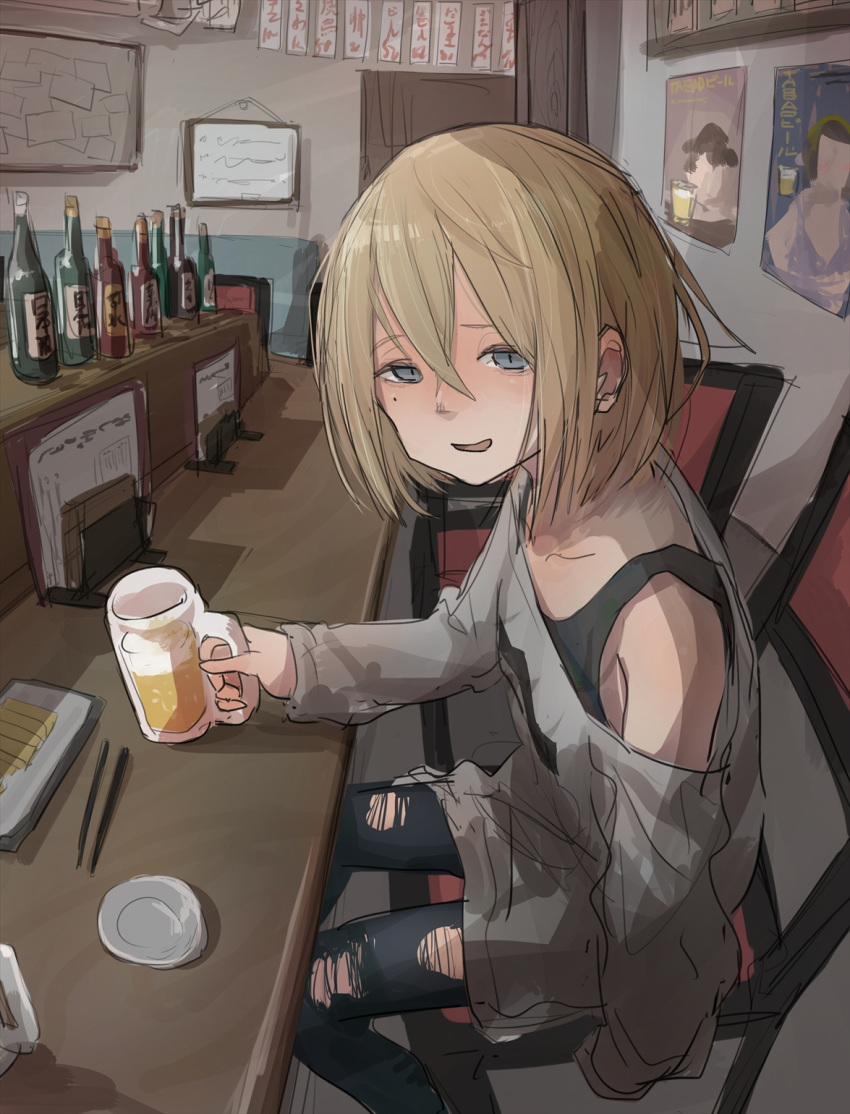 alcohol beer beer_mug blonde_hair blue_eyes check_commentary chopsticks commentary_request drunk from_side highres indoors izakaya looking_at_viewer mole mole_under_eye off_shoulder original pants short_hair sitting solo tabao torn_clothes torn_pants