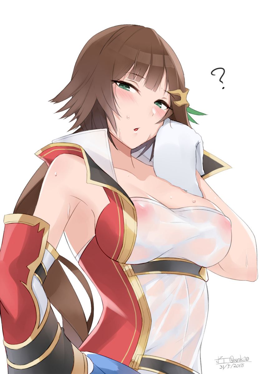 ? bangs bare_shoulders blush breasts brown_hair covered_nipples detached_sleeves gauntlets granblue_fantasy green_eyes hair_ornament highres large_breasts leona_(granblue_fantasy) long_hair looking_at_viewer open_mouth see-through single_gauntlet solo surock sweat towel very_long_hair