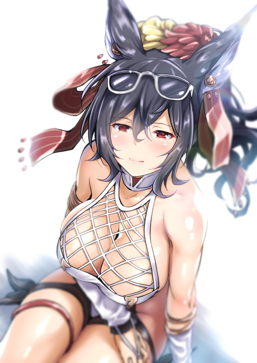absurdres animal_ears bangs bare_shoulders black_hair blurry blush breasts bridal_gauntlets cleavage collarbone depth_of_field detached_sleeves ear_piercing erune eyewear_on_head flower granblue_fantasy hair_between_eyes hair_flower hair_ornament hair_ribbon halterneck highres ilsa_(granblue_fantasy) kimura_neito large_breasts long_hair looking_at_viewer one-piece_swimsuit piercing ponytail red_eyes red_ribbon ribbon sitting smile solo sunglasses swimsuit thigh_strap white_swimsuit