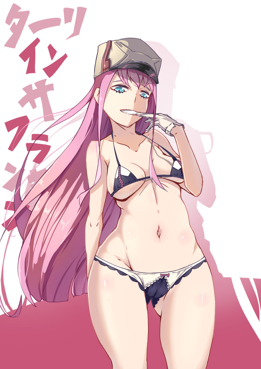 absurdres arm_behind_back ass_visible_through_thighs bangs black_bra black_panties blue_eyes bow bow_panties bra breasts brown_hat copyright_name cowboy_shot darling_in_the_franxx glove_pull gloves grin groin hat highres lace lace-trimmed_panties long_hair looking_at_viewer medium_breasts micro_bra military_hat navel panties pink_hair shadow shako_cap smile solo standing thighs underwear white_background white_gloves xiro_(x315048074) zero_two_(darling_in_the_franxx)