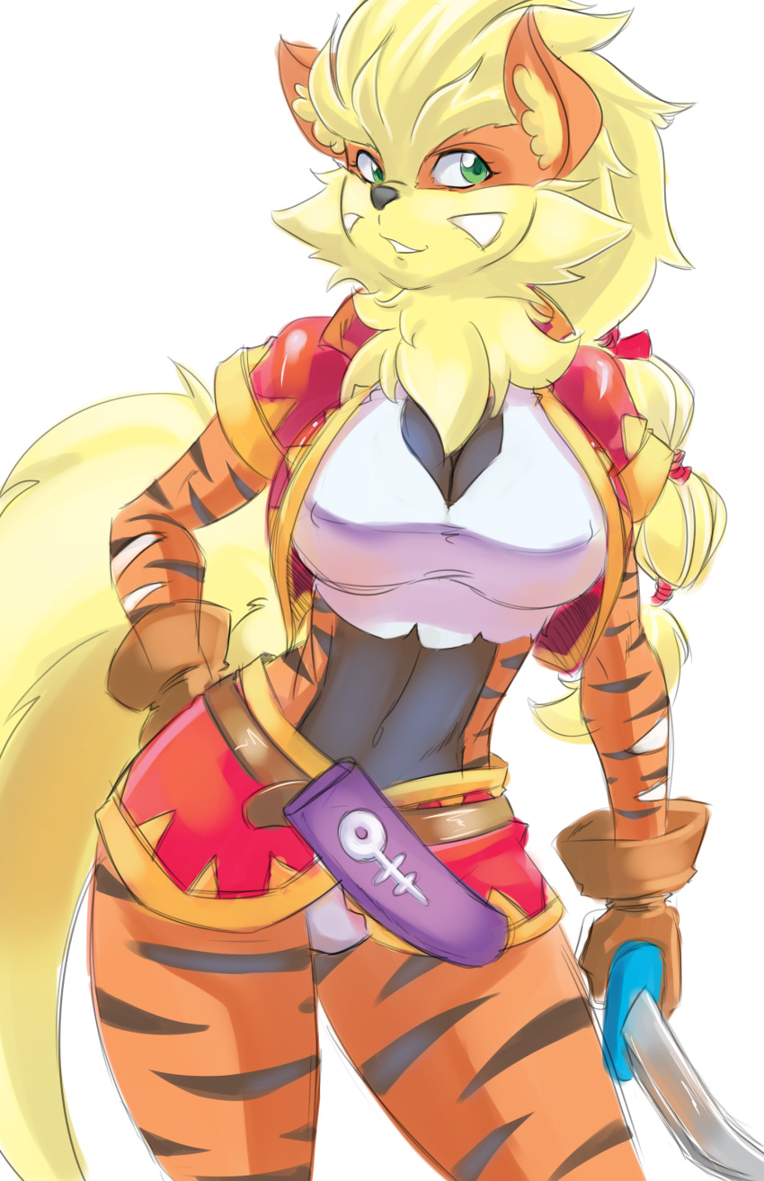 2018 anthro anthrofied arcanine arcee_(unicorn_lord) big_breasts black_nose black_stripes blonde_hair breasts canine chrono_cross cleavage clothed clothing cosplay digital_media_(artwork) dog eyelashes female fluffy fluffy_tail fur gloves green_eyes hair hand_on_hip holding_object holding_weapon holster looking_at_viewer mammal multicolored_fur navel nintendo nipple_bulge orange_fur panties pok&eacute;mon pok&eacute;mon_(species) simple_background skimpy smile smirk solo striped_fur stripes the-unicorn-lord thick_thighs tied_hair underwear video_games voluptuous weapon white_background wide_hips yellow_fur yellow_tail