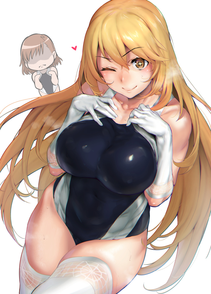 ;) bangs bare_shoulders black_swimsuit blonde_hair blush breast_envy breasts brown_hair closed_mouth collarbone competition_swimsuit covered_navel curvy downscaled_revision elbow_gloves gloves hair_between_eyes heart highres hips iku_(ikuchan_kaoru) large_breasts long_hair looking_at_viewer md5_mismatch misaka_mikoto multiple_girls no_eyes one-piece_swimsuit one_eye_closed plump shaded_face shokuhou_misaki short_hair simple_background smile solo_focus star star-shaped_pupils swimsuit symbol-shaped_pupils thighs to_aru_kagaku_no_railgun to_aru_majutsu_no_index white_background white_gloves white_legwear yellow_eyes