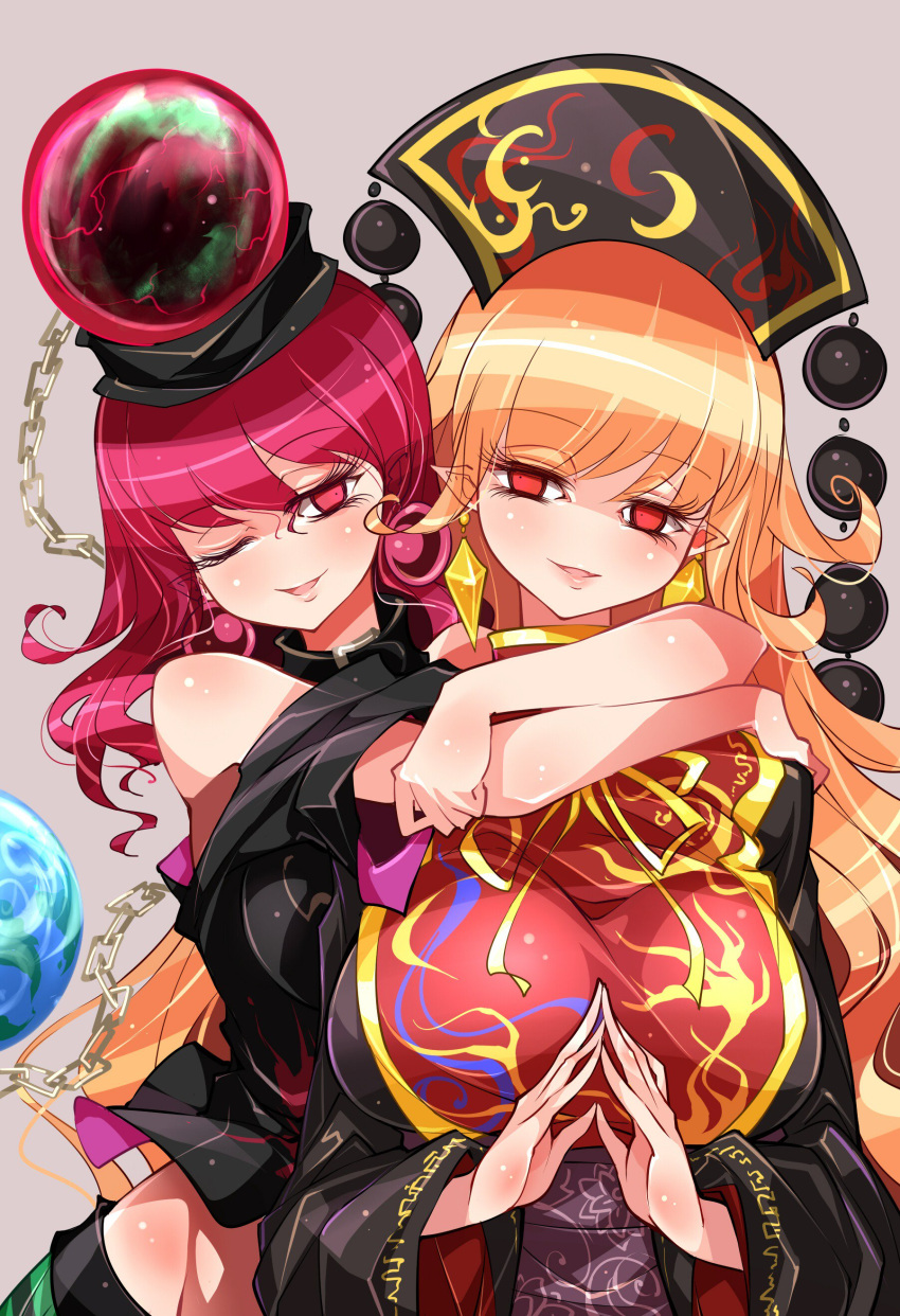 absurdres arms_around_neck bare_shoulders blonde_hair breasts chain commentary_request crop_top earrings eyebrows_visible_through_hair grey_background hat hecatia_lapislazuli highres hug jewelry junko_(touhou) large_breasts long_hair looking_at_another midriff multiple_girls no_nose one_eye_closed pointy_ears polos_crown raptor7 red_eyes red_hair ribbon simple_background smile tabard touhou very_long_hair wide_sleeves