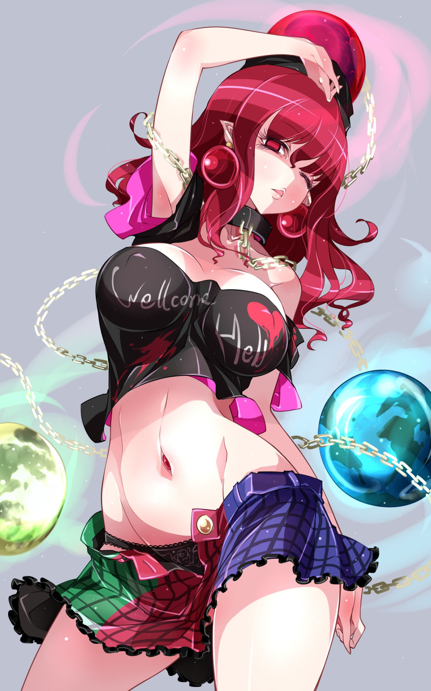 absurdres arm_up armpits bare_shoulders black_panties breasts chain choker cleavage collarbone commentary_request covered_nipples cowboy_shot crop_top earrings eyebrows_visible_through_hair frilled_skirt frills hecatia_lapislazuli highres jewelry large_breasts long_hair looking_at_viewer microskirt midriff multicolored multicolored_clothes multicolored_skirt navel navel_piercing no_nose one_eye_closed open_mouth panties piercing pointy_ears polos_crown raptor7 red_hair skirt touhou unbuttoned underwear
