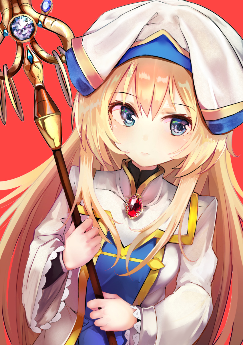 bangs blonde_hair blue_eyes blush breasts closed_mouth commentary_request dress eyebrows_visible_through_hair gem goblin_slayer! hair_between_eyes hands_up hat highres holding holding_staff long_hair long_sleeves marisayaka priestess_(goblin_slayer!) red_background simple_background small_breasts solo staff very_long_hair white_dress white_hat wide_sleeves