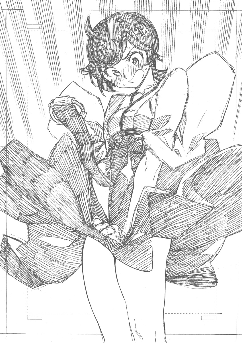 absurdres ahoge anchor bangs bare_legs blush commentary_request embarrassed emphasis_lines eyebrows_visible_through_hair feet_out_of_frame greyscale hakama_lift highres japanese_clothes kantai_collection kimono kojima_takeshi long_sleeves matsukaze_(kantai_collection) monochrome nose_blush open_mouth ribbon short_hair solo standing sweat swept_bangs thighs traditional_media v-shaped_eyebrows wide_sleeves wind wind_lift