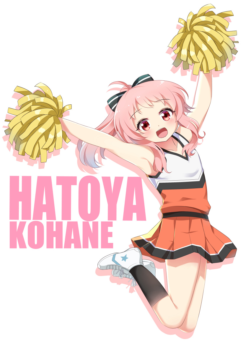 :d absurdres agung_syaeful_anwar anima_yell! armpits arms_up bangs bare_shoulders black_bow black_legwear blush bow character_name cheerleader collarbone commentary english_commentary full_body gradient_hair hair_bow hatoya_kohane high_ponytail highres holding jumping kneehighs multicolored_hair open_mouth orange_skirt outstretched_arms pink_hair pleated_skirt pom_poms ponytail purple_hair red_eyes shadow shirt shoes sidelocks skirt sleeveless sleeveless_shirt smile solo striped striped_bow white_background white_footwear