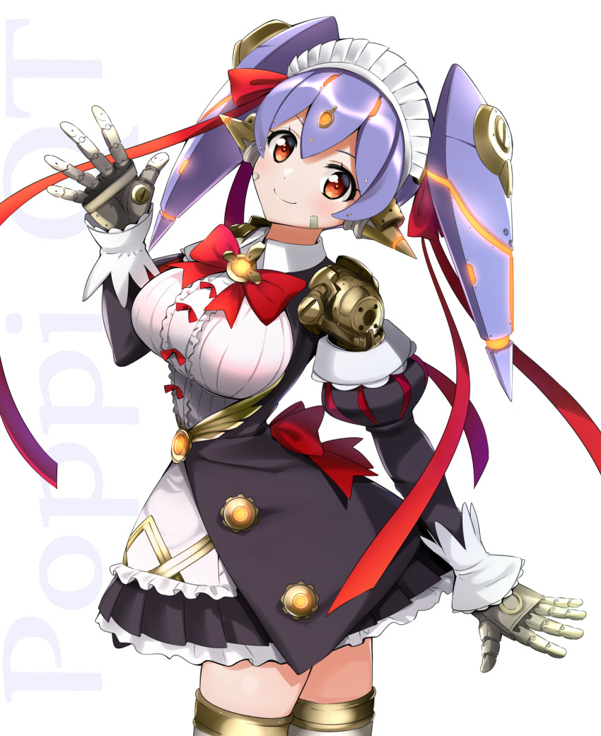 android bangs breasts center_frills closed_mouth commentary_request frills gold_trim hana_(xenoblade) hana_jk hand_up head_tilt highres juliet_sleeves large_breasts lavender_hair long_hair long_sleeves looking_at_viewer maid maid_headdress misu_kasumi neon_trim orange_eyes puffy_sleeves robot_joints smile solo spoilers spread_fingers standing thighhighs twintails twisted_torso waving wing_collar xenoblade_(series) xenoblade_2