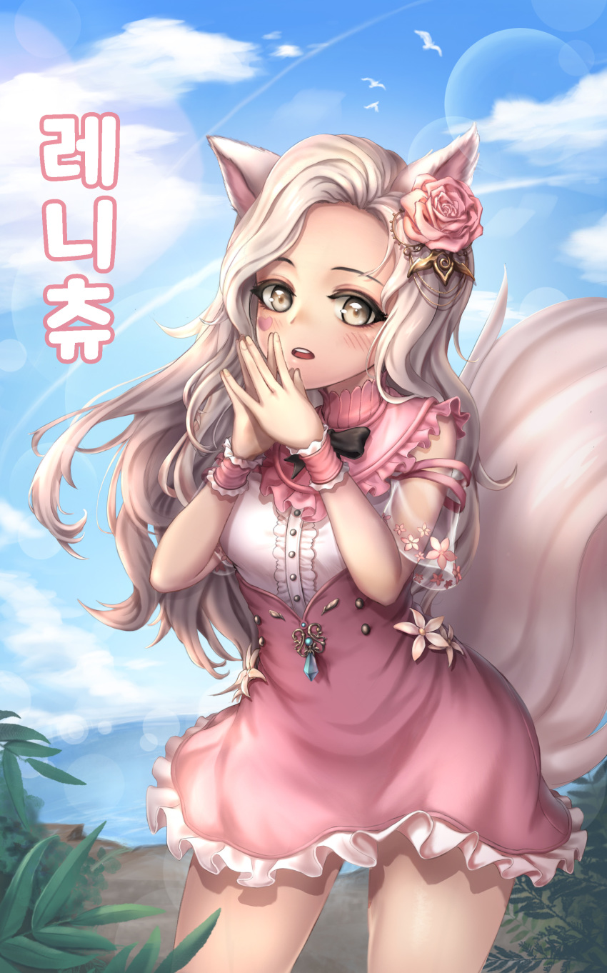 absurdres animal_ears arms_up blade_&amp;_soul blush brown_eyes cloud commentary_request commission day flower hair_flower hair_ornament hands_together heart highres kie_(wylee2212) long_hair lyn_(blade_&amp;_soul) open_mouth outdoors pink_skirt shirt skirt sky solo tail white_hair white_shirt wolf_ears wolf_tail wristband