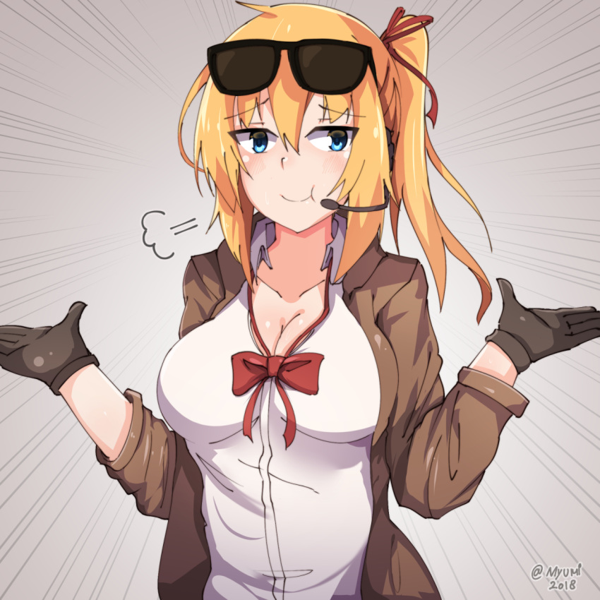 :t ahoge bangs black-framed_eyewear black_gloves blonde_hair blush bow bowtie breasts brown_coat cleavage closed_mouth coat collarbone collared_shirt commentary dated emphasis_lines eyebrows_visible_through_hair eyewear_on_head girls_frontline gloves gradient gradient_background grey_background hair_between_eyes hair_ribbon hands_up headset highres kalina_(girls_frontline) large_breasts long_hair long_sleeves looking_at_viewer loose_neckwear myumi one_side_up open_clothes open_coat red_bow red_neckwear red_ribbon ribbon shirt shrug smile solo sunglasses twitter_username upper_body white_shirt wing_collar