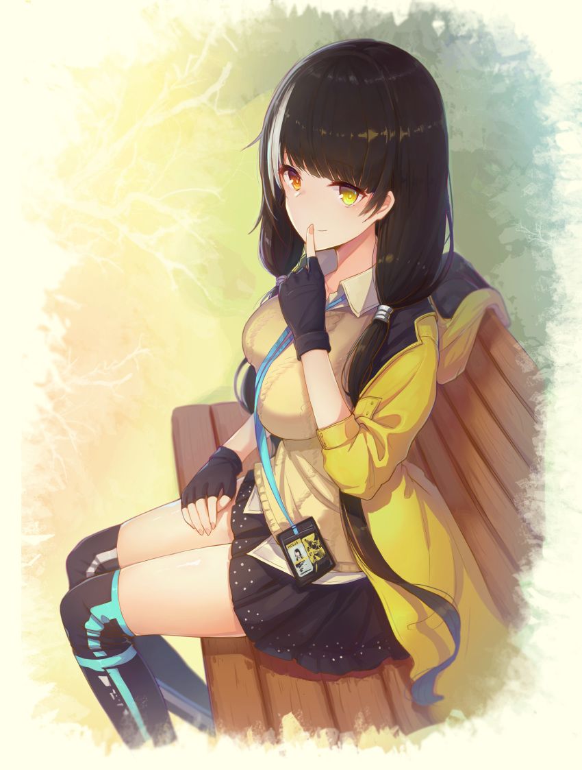 735308747 absurdres bench black_gloves black_hair black_legwear black_skirt blush breasts bright_pupils brown_shirt chinese_commentary closed_mouth collared_shirt commentary_request cropped_legs day finger_to_mouth fingerless_gloves from_side girls_frontline gloves hair_tie hand_on_lap heterochromia highres hood hood_down hooded_jacket id_card index_finger_raised jacket large_breasts long_hair long_sleeves looking_at_viewer looking_to_the_side low_twintails multicolored_hair nail_polish open_clothes open_jacket orange_eyes outdoors over-kneehighs park_bench pink_nails ro635_(girls_frontline) shirt shushing sitting skirt smile solo streaked_hair thighhighs twintails very_long_hair white_hair wing_collar yellow_eyes yellow_jacket
